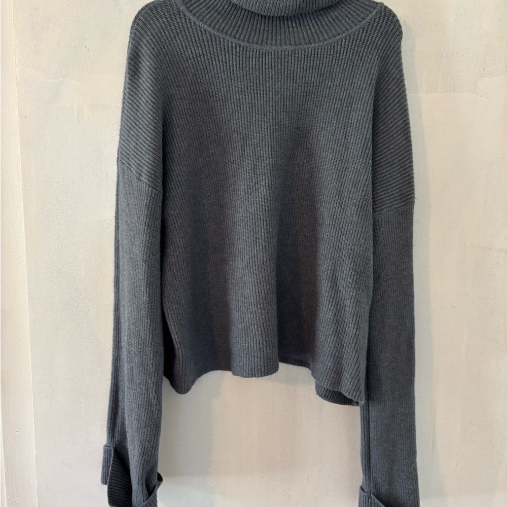 Gray Turtleneck Ribbed Knit Women's Sweater